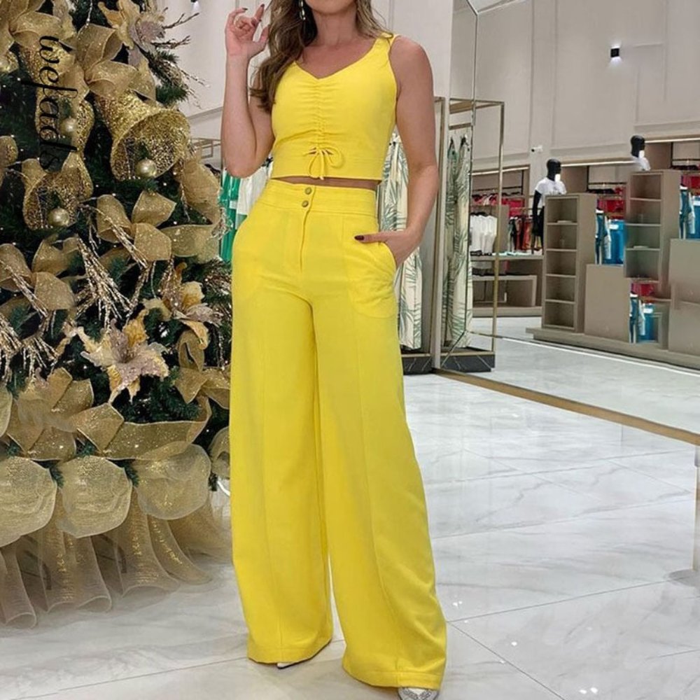 Solid Color Sleeveless Suspender Elegant Summer Wide Leg Pant Outfit